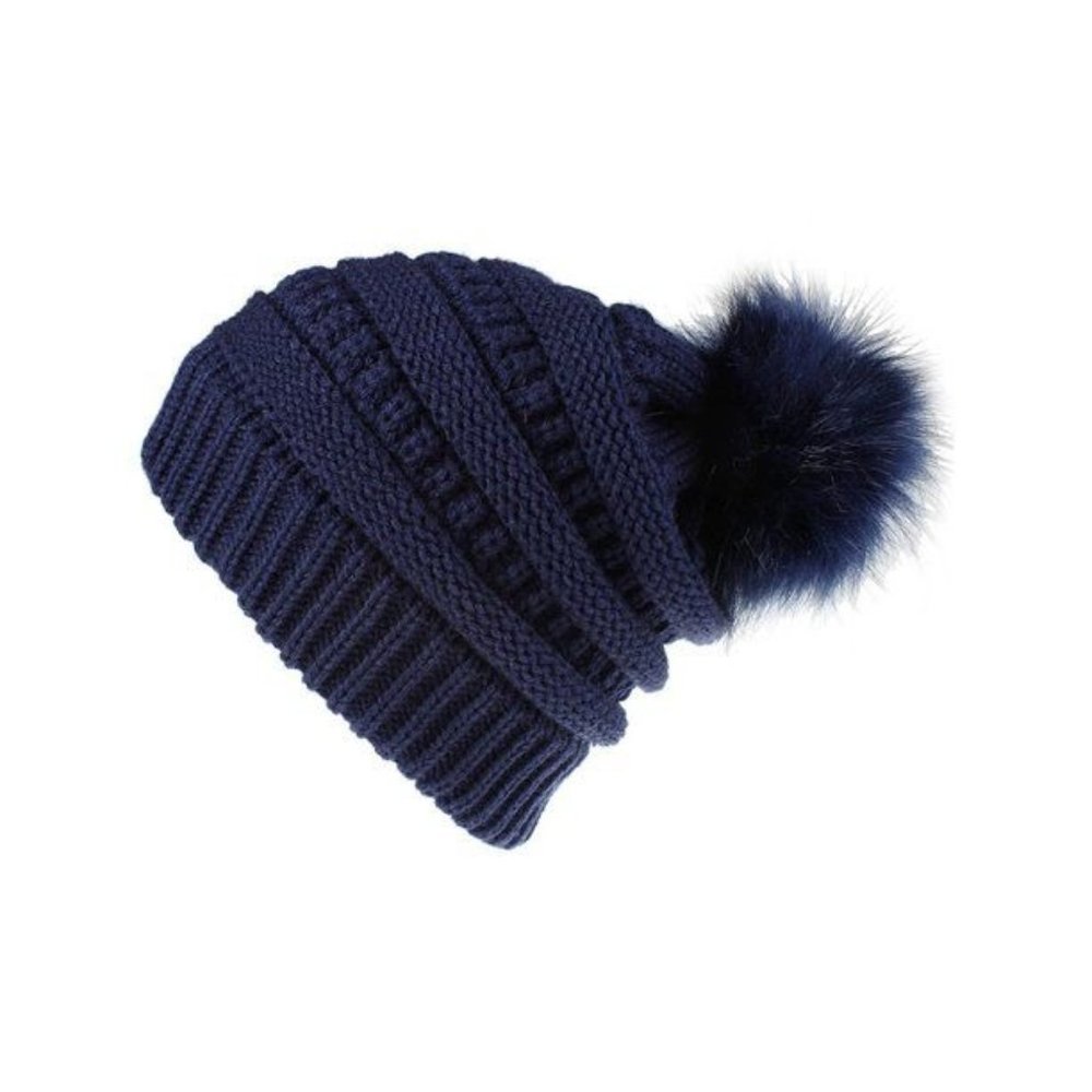 NWT  Ladies Winter Knitted Warm Fur Pom Pom Bobble Cap Baggy White Beanie